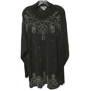 Vtg 90s Beaded Womens Mock Neck Sweater 3X Dark Gray Boho Artisan Project Piece